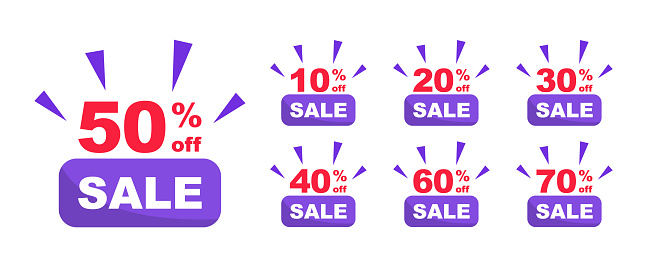 Percentage discounts, sale discounts. Sale tags set. Price off tags. Discount label with different sale percentage. Percent 10, 20, 30, 40, 50, 60, 70 off. Special offer sign for promotion, advertising and marketing.