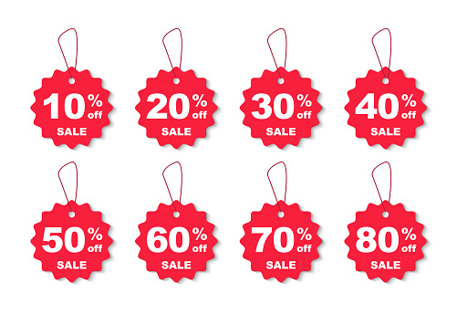 Percentage discounts, sale discounts. Sale tags set. Price off tags. Discount label with different sale percentage. Percent 10, 20, 30, 40, 50, 60, 70, 80 off. Special offer sign for promotion, advertising and marketing.