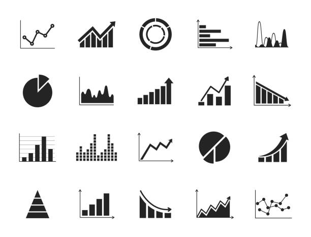 비즈니스 그래프 및 차트 아이콘 집합입니다. 비즈니스 데이터 차트. 재무 분석용 그래프, 다이어그램, 구성표, 인포그래픽, 분석 보고서. 통계, 데이터, 성장, 하락 및 원형 차트 아이콘 설정. - 그래프 stock illustrations