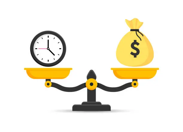 Vector illustration of Time is money. Balance of money and time on a scales. Business concept with scales, clock and money bag. Vector illustration.