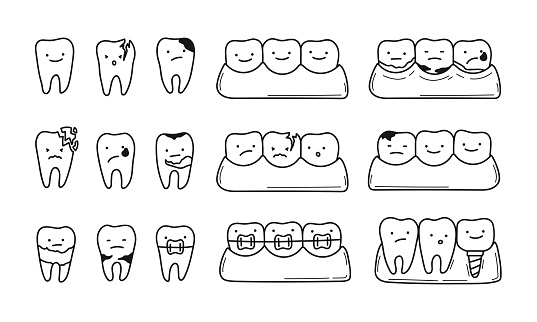 Set of teeth with emotions on the face. Dental problems in characters. Caries, tartar, plaque, implant, orthodontic braces. Dentistry icons in sketch doodle style. Isolated on white vector illustrations