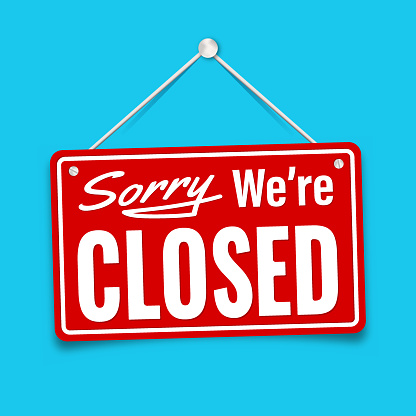 Red sign Sorry we are closed on door store for holidays, with shadow isolated on blue background. Business open or closed banner. Vector illustration. EPS 10