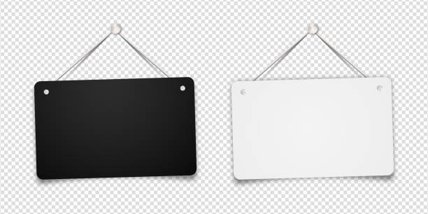 White and black shop door signs hanging isolated on transparent background. Empty or blank sign for store, restaurant or cafe. Vector illustration. EPS 10 White and black shop door signs hanging isolated on transparent background. Empty or blank sign for store, restaurant or cafe. Vector illustration. EPS 10 hanging signboard stock illustrations
