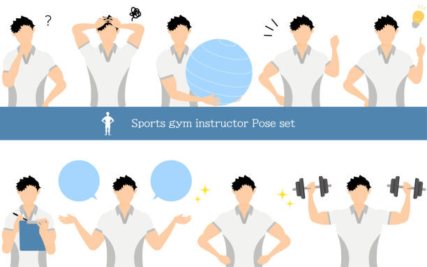 Gym instructor man pose set, questioning, worrying, encouraging, pointing, etc. Gym instructor man pose set, questioning, worrying, encouraging, pointing, etc. personal trainer stock illustrations