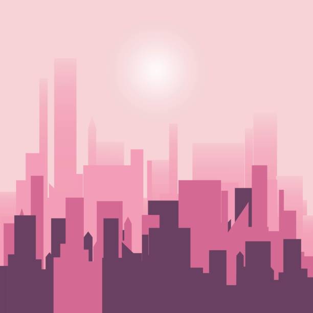 istock Urban landscape in a flat style. Silhouette of city buildings, vector background. Architecture of a modern city. Pink color. Vector illustration of the city in the daytime. 1352271260