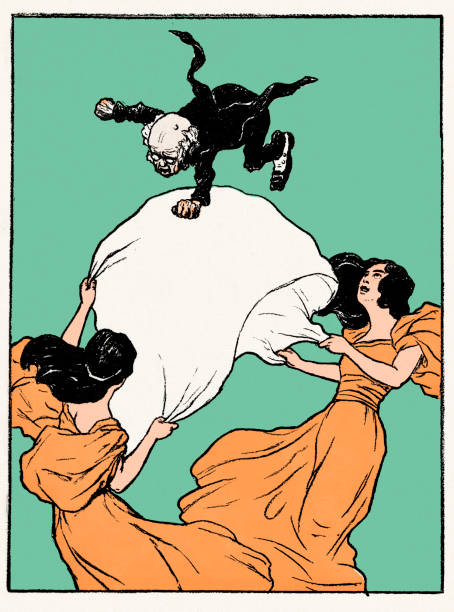 Displeased old man thrown into the air by two women nouveau 1897 Art Nouveau is an international style of art, architecture, and applied art, especially the decorative arts, known in different languages by different names: Jugendstil in German, Stile Liberty in Italian, Modernisme català in Catalan, etc. In English it is also known as the Modern Style. The style was most popular between 1890 and 1910 during the Belle Époque period that ended with the start of World War I in 1914.
Original edition from my own archives
Source : Jugend Band 1 - 188
Drawing : Zumbusch vex nightclub stock illustrations