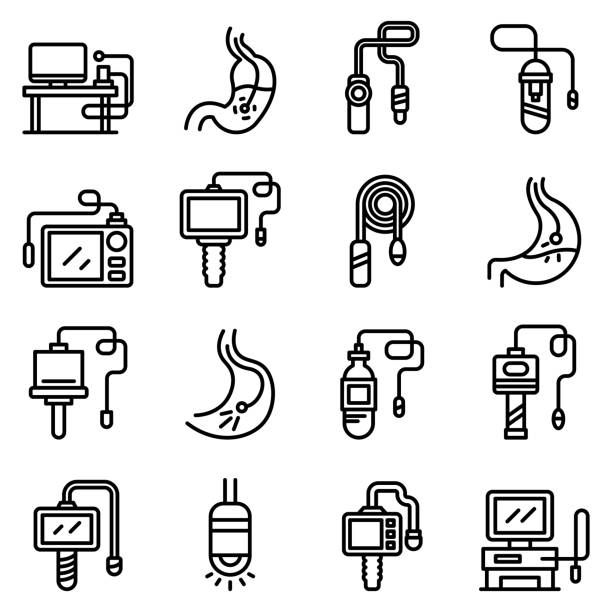 endoskop-icons gesetzt, umrissstil - darmspiegelung stock-grafiken, -clipart, -cartoons und -symbole