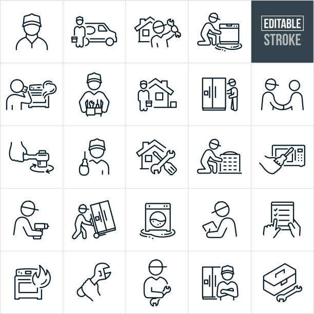 Home Repair Thin Line Icons - Editable Stroke A set of home repair icons that include editable strokes or outlines using the EPS vector file. The icons include a home repairman, repairman holding toolbox while standing next to a service van, handyman holding up a wrench with a house in the background, home repairman fixing a leaky dishwasher, person calling a home repairman with smoking oven in the background, repairman with tool belt, repairman working on refrigerator, repairman shaking hands with customer, hand using socket wrench, handyman holding out a screwdriver and wearing a ball cap, home repairman working on home air conditioner, microwave repair, repairman with a refrigerator on a dolly, leaking washing machine, repairman with checklist, toolbox with tools and an oven on fire to name a few. service icons stock illustrations