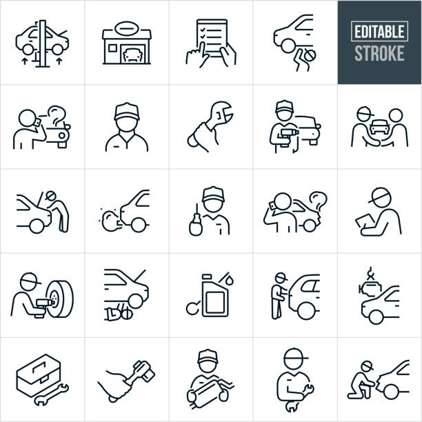 Auto Repair Thin Line Icons - Editable Stroke A set of auto repair icons that include editable strokes or outlines using the EPS vector file. The icons include a car being lifted on a hoist, car in auto body shop, mechanical checklist, auto mechanic working under car, person on phone with broken down car in background, male mechanic, hand holding adjustable wrench, mechanic holding impact wrench with car in the background, mechanic shaking hands with customer, auto mechanic working under the hood of a car, car spewing exhaust, mechanic holding screwdriver, mechanic diagnosing vehicle, mechanic changing a tire with impact wrench, mechanic on back working under vehicle, oil with dipstick, car getting new engine, toolbox with tools, hand holding impact wrench, auto mechanic holding muffler and a mechanic working on a car that has been in a car wreck to name a few. bonnet hat stock illustrations