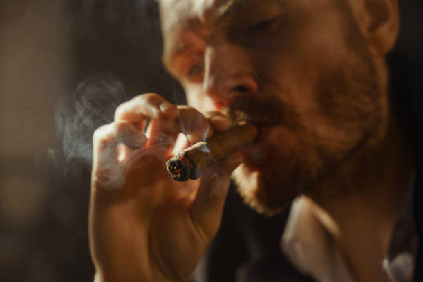 close up of a male face with a blond beard, smoking a cigar in a beautiful light in a professional studio - cigar whisky bar cognac imagens e fotografias de stock