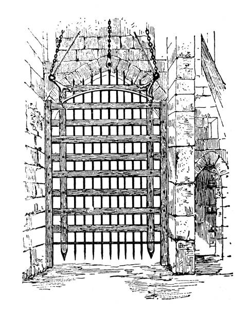 앤티크 일러스트: 포트컬리스 - castle gate stock illustrations