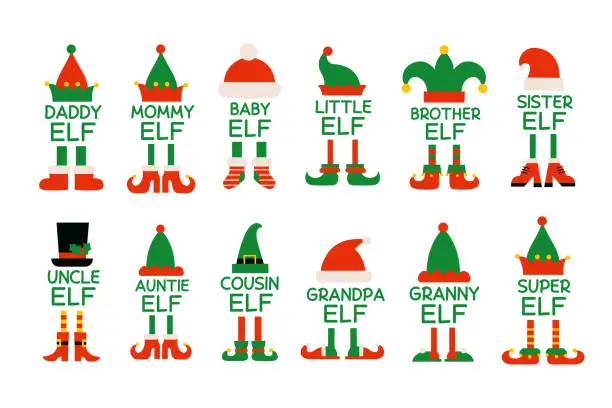 Vector illustration of Cartoon elf family isolated Christmas monograms. Elf or gnome hat and shoes. Brother elf, sister, mommy, daddy. Baby elf. Isolated vector illustrations