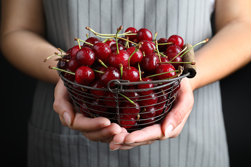 Woman holding metal basket with sweet juicy cherries on black background, closeup