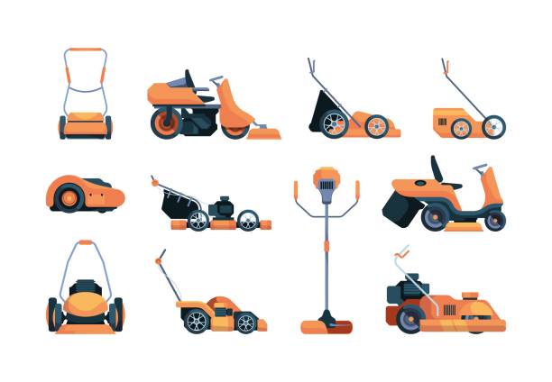 잔디 깎는 기계. 잔디 관리 및 정원사 화려한 벡터 일러스트 세트를위한 절단 기계용 모어 트랙터 - rotary mower illustrations stock illustrations