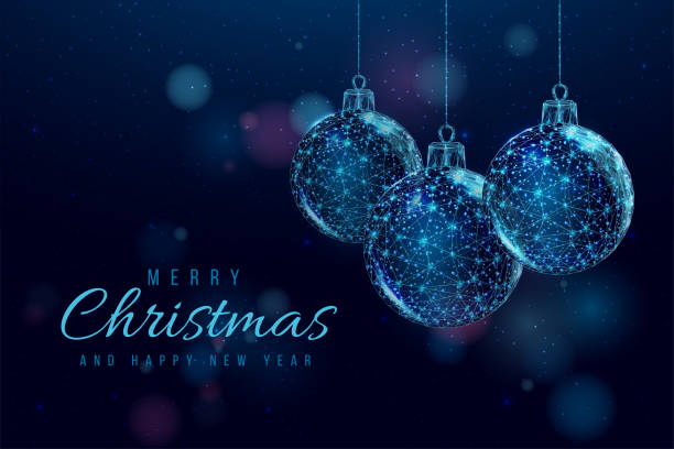 wireframe weihnachtskugeln, low poly stil. frohe weihnachten und neujahr banner. - weihnachtskarte stock-grafiken, -clipart, -cartoons und -symbole