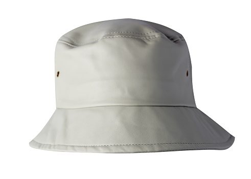 light gray bucket hat  of artificial leather  isolated on white background .fisherman's hat, Irish country hat ,session hat,panama.