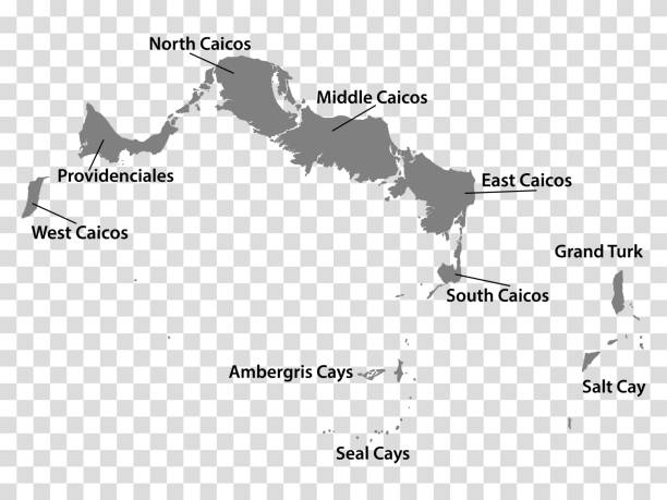 illustrations, cliparts, dessins animés et icônes de carte vierge des îles turques et caïques en gris. chaque carte de l’île est avec des titres. carte de haute qualité des îles turques et caïques avec des districts sur fond transparent pour votre conception.   eps10. - providenciales