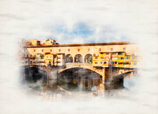 水彩画ヴェッキオ橋の景色を描いた - 旧橋 - フィレンツェ(フィレンツェ)、イタリア - アルノ川のそば - ponte vecchio点のイラスト素材／クリップアート素材／マンガ素材／アイコン素材
