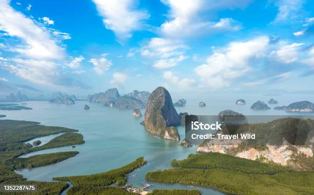 View From Above Stunning Aerial View Of Phang Nga Bay With The Sheer Limestone Karsts That Jut Vertically Out Of The Emeraldgreen Water Thailand Stock Photo - Download Image Now