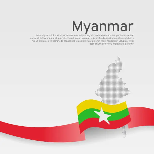 Vector illustration of Myanmar flag, mosaic map on white background. Wavy ribbon with the myanmar flag. Vector banner design, national poster. Cover for business booklet. State patriotic flyer, brochure