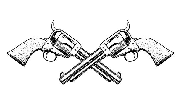 ilustraciones, imágenes clip art, dibujos animados e iconos de stock de ilustración vectorial de revólveres dibujados a mano. boceto de armas. ilustración vintage. estilo grabado. - arma de mano