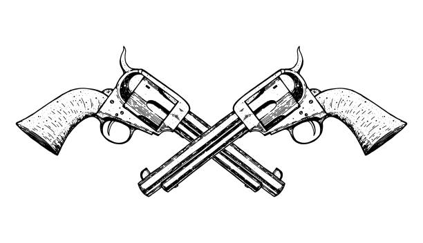 illustrazioni stock, clip art, cartoni animati e icone di tendenza di illustrazione vettoriale dei revolver disegnati a mano. schizzo di pistole. illustrazione vintage. stile inciso. - handgun