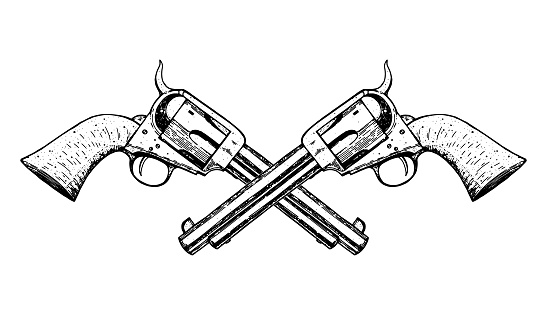 Hand drawn revolvers vector illustration. Guns sketch. Vintage illustration. Engraved style.