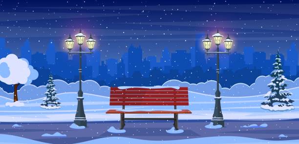 istock Winter city park with wooden bench, 1352292400