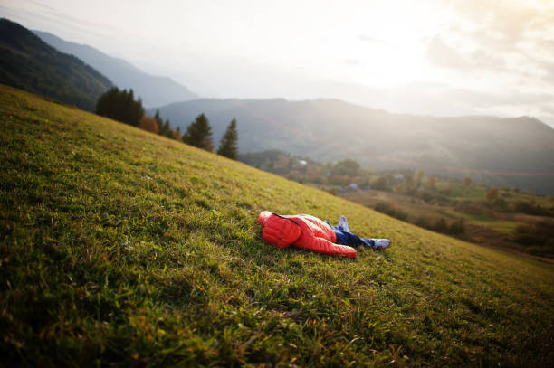 istock Boy lying in the grass with a gorgeous mountain range in the horizon. 1352293985