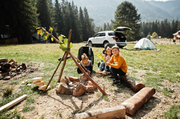 tre bambini seduti accanto al falò in montagna. tempo di escursione autunnale. riscaldare e cuocere vicino alla fiamma insieme. - 12 23 mesi foto e immagini stock