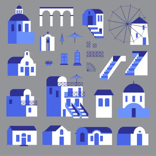 Vector illustration of Set of isolated elements with blue-white houses, mill, church, arch, steps. Vector illustration in flat style for touristic industry