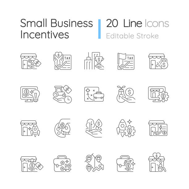 ilustrações, clipart, desenhos animados e ícones de pequenos negócios incentivam ícones lineares definidos - small small business large business