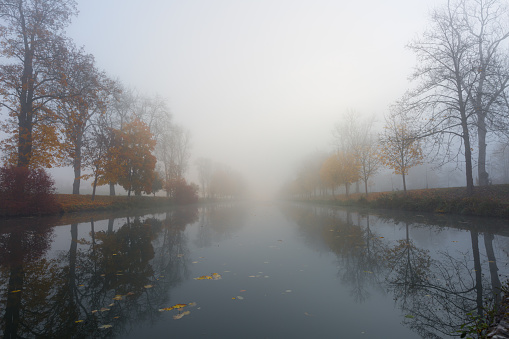 Ludwig-Donau-Main-Kanal, Essing, Bavaria, Germany, with colorful trees at misty day, vanishing point