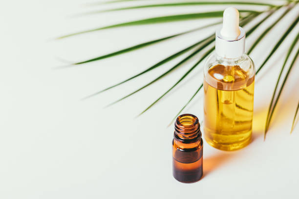 istock Essential oils bottles for aromatherapy next to fresh palm leaf 1352299103