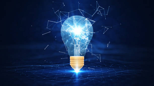 istock Creativity and new ideas. There is a light bulb in the middle. Interconnected polygons around an electric bulb. dark blue background. 1352300443