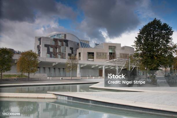 Reflecting Pools In Front Of The Scottish Parliament Building In Edinburgh With Blue Sky And Storm Clouds Looming Stock Photo - Download Image Now