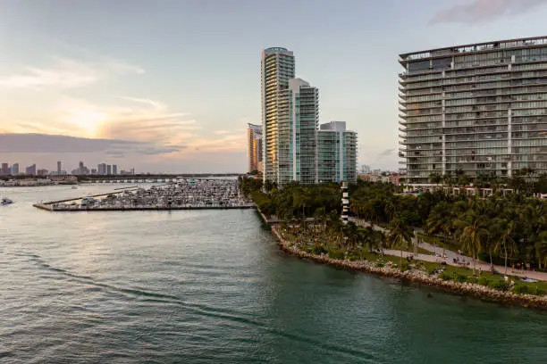 Aerial panorama view of Miami Beach bayfront scene at sunset
