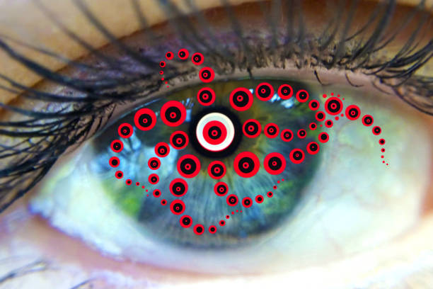 Eye narcotic effect trip, creature of parallel world red parasite, deep trance state stock photo