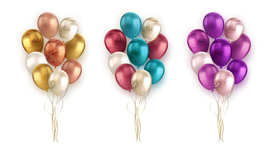Vector glossy realistic bunch of gold white and pink balloon isolated on white background for holiday celebration greeting card. Holiday Flying 3D glossy balloons and ribbon. Congratulations banner party invitation design with copy space