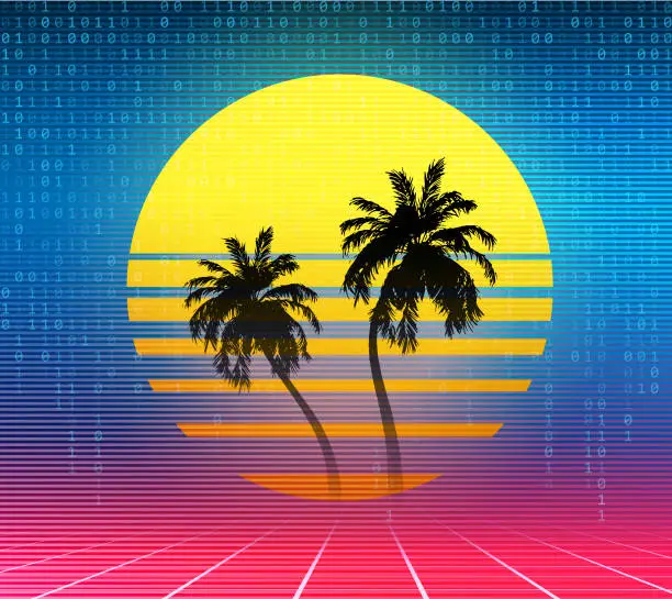 Vector illustration of Synthwave retro background - palm trees