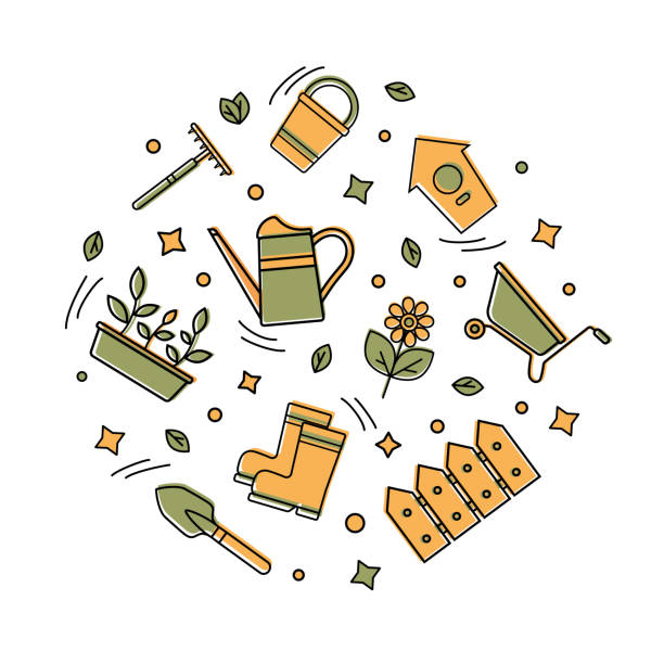 istock Set of color icons, simple doodles of garden tools 1352309916
