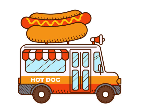 illustrations, cliparts, dessins animés et icônes de icône de fourgon à hot-dog. food truck isolé sur blanc - hotdogging