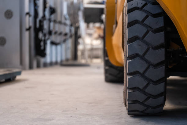 Rear Wheel of a Forklift Truck stock photo