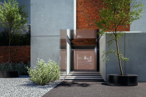 Modern house entrance. 3D generated image.
