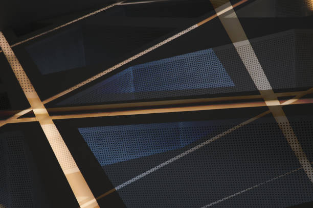 istock Metal in modern architecture. Computer graphic image of backlit office building framework and decorative perforated wall panels in twilight. Grid structures seen through each other. Architectural surfaces. 1352313211