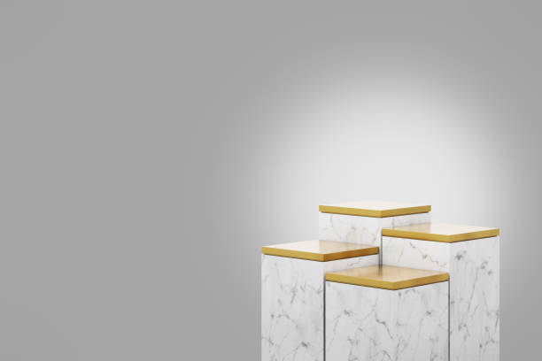 istock Cube step white marble podium and a metallic gold top with colored background in luxury studio scene. 1352315841