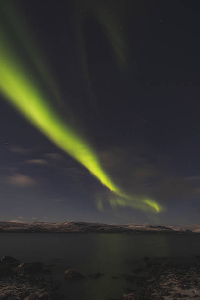 borealis aurora sweeps over a large lake on a cloudless night in kilpisjarvi, lapland, finland. aurora polaris in green dances across the sky. scandinavian magic - saana imagens e fotografias de stock