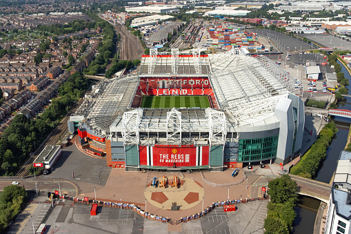 Manchester United Football club stadium at Old Trafford from above.