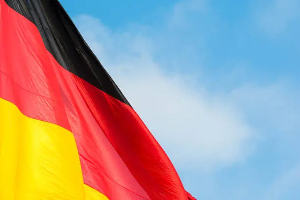 Photo of German flag fluttering with copy space. Close up
