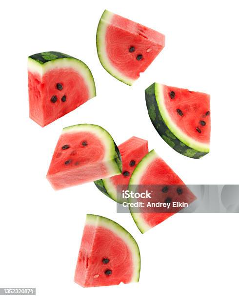 Falling Watermelon Isolated On White Background Clipping Path Full Depth Of Field Stock Photo - Download Image Now